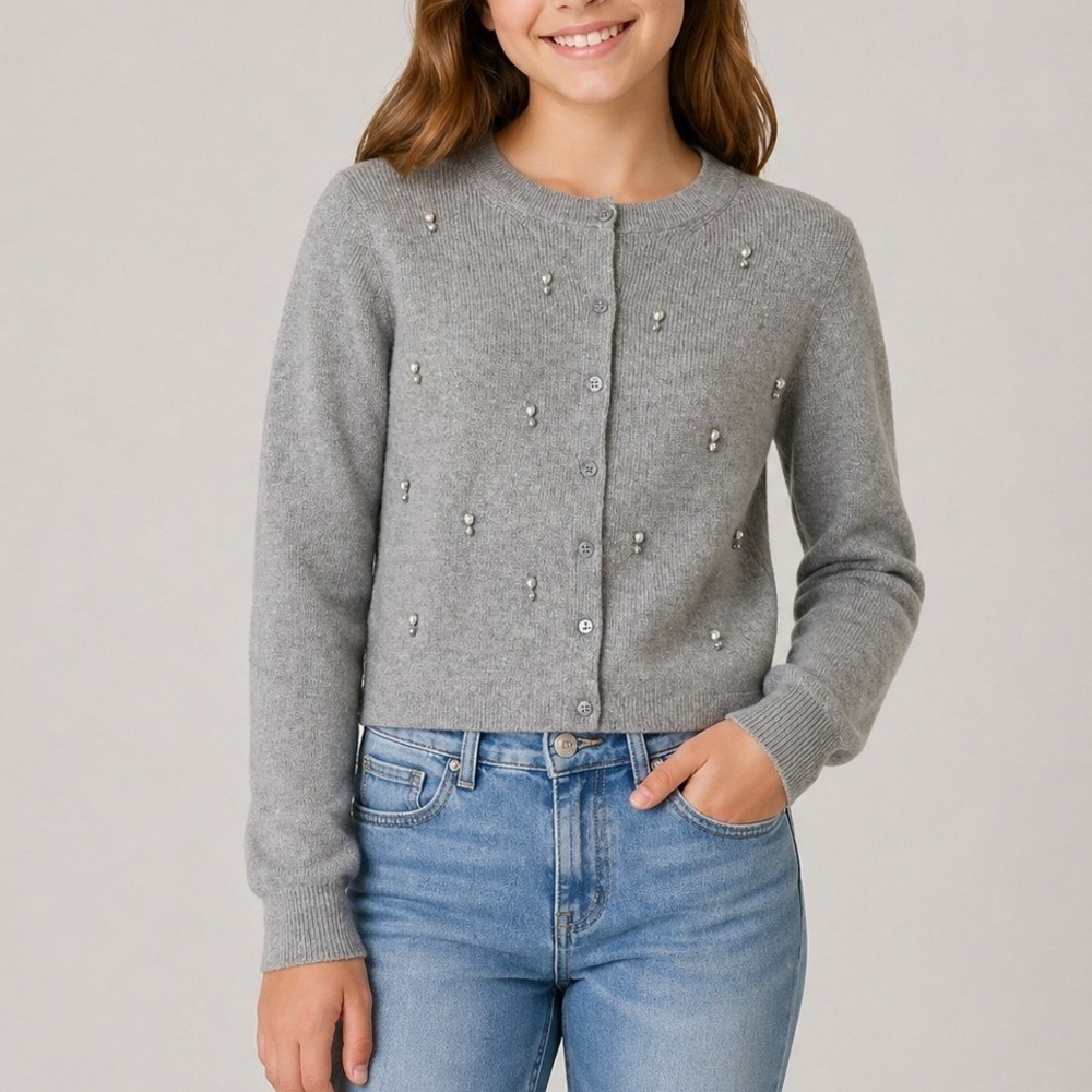 J.Crew Collection Embellished Cardigan Sweater Cotton Holiday CD379 Grey 12 13